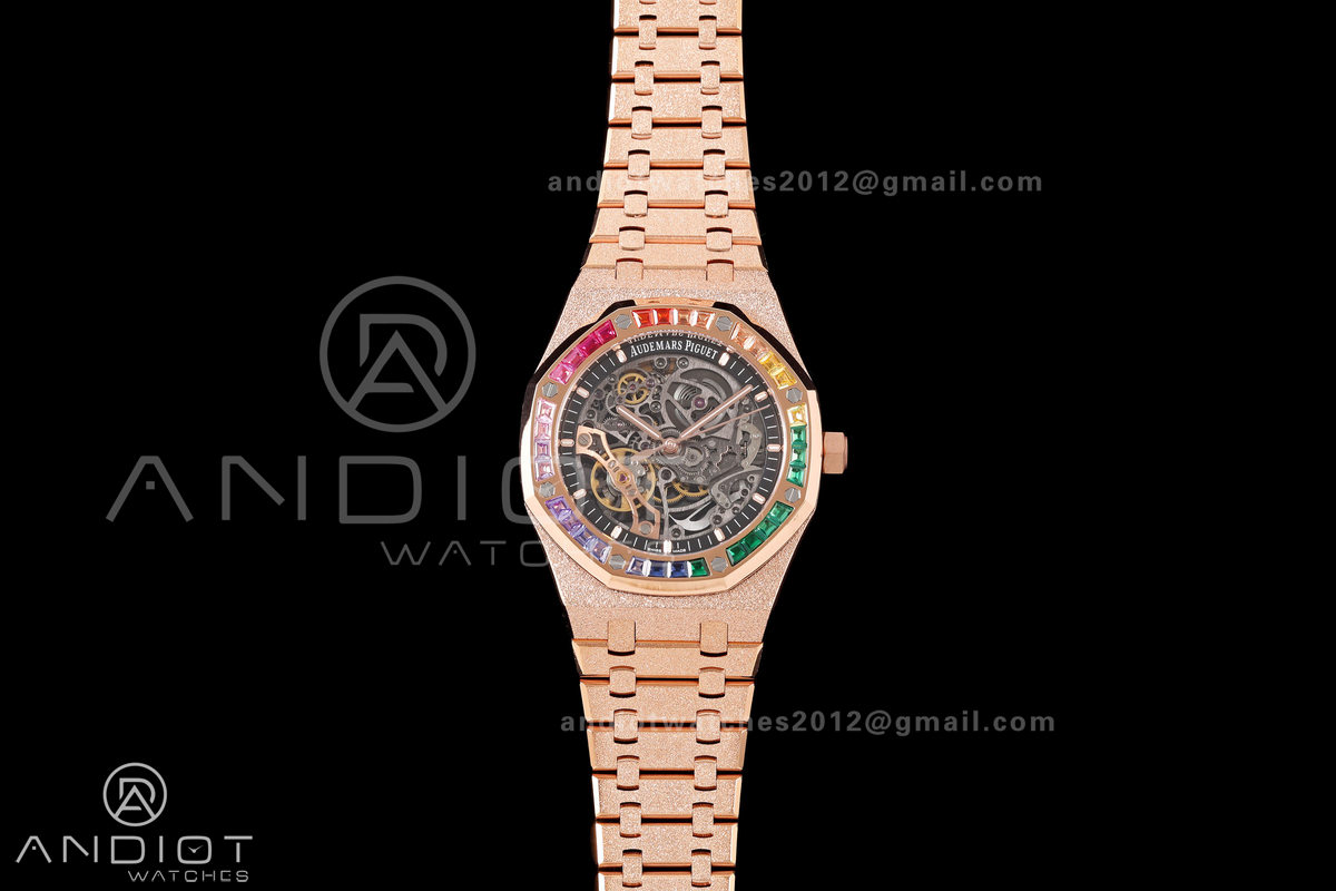 Royal Oak 41mm Openworked Frosted RG Rainbow Bezel OCTA 1:1 Best Edition on Bracelet SA3132 V3 (Free Sprung)